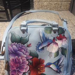 Anuschcka Purse The Organizer Satchel Crossbody Hand Painted Floral Birds 