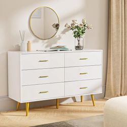 White Dresser for Bedroom, 6 Drawer Dresser with Wide Drawers and Gold Metal Handles, Wood Dressers & Chest of Hallway, Entryway.