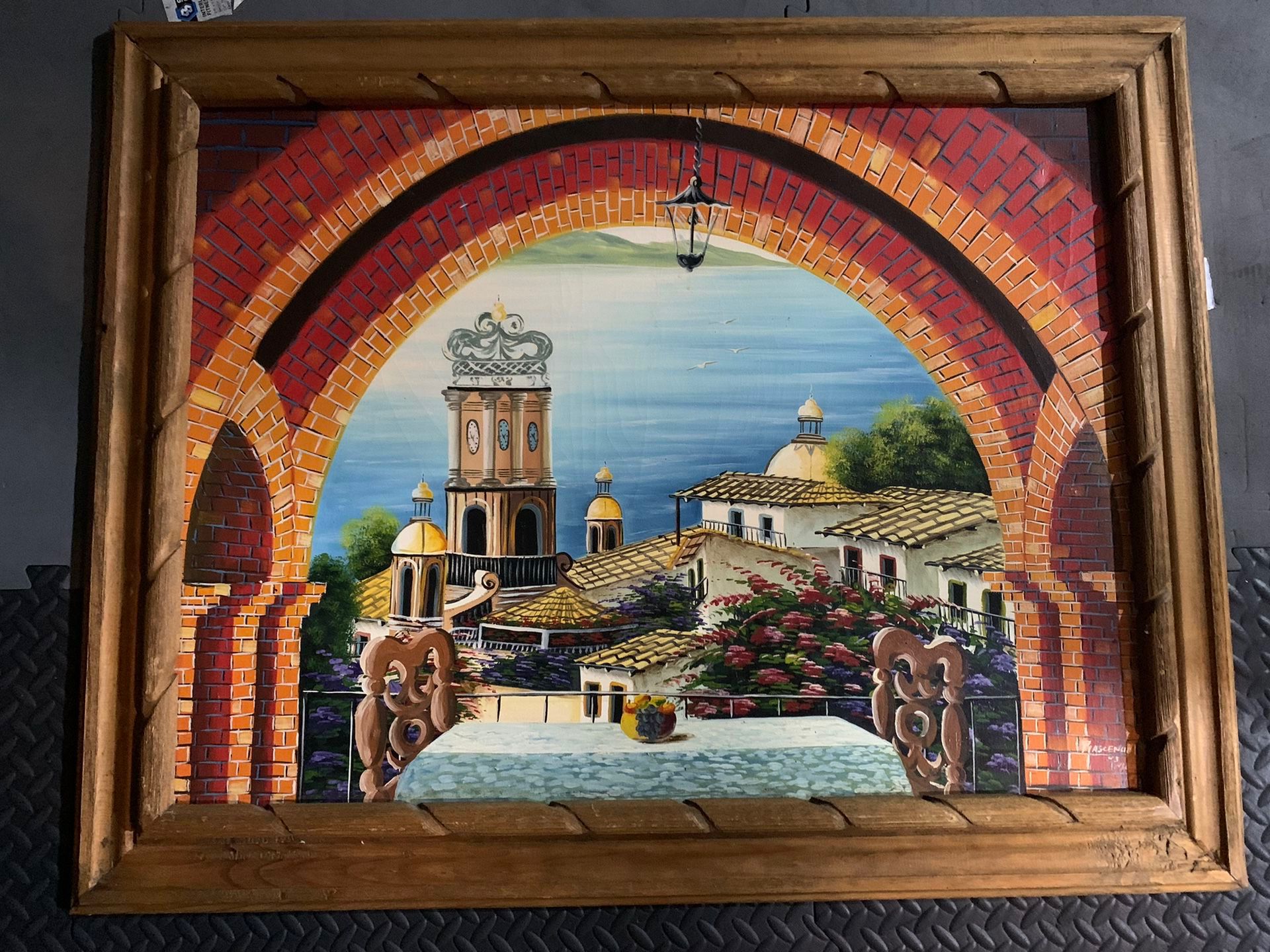 Mexican Seaside Village Oil paintings (2) . Made In Mexico . Framed in Rustic Pine Wood