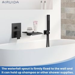 Airuida Wall Mount Tub Faucet with Waterfall Tub Spout Wall Mounted Bathtub Faucet with Handheld Shower Single Handle Tub Filler Shower Faucet Set wit