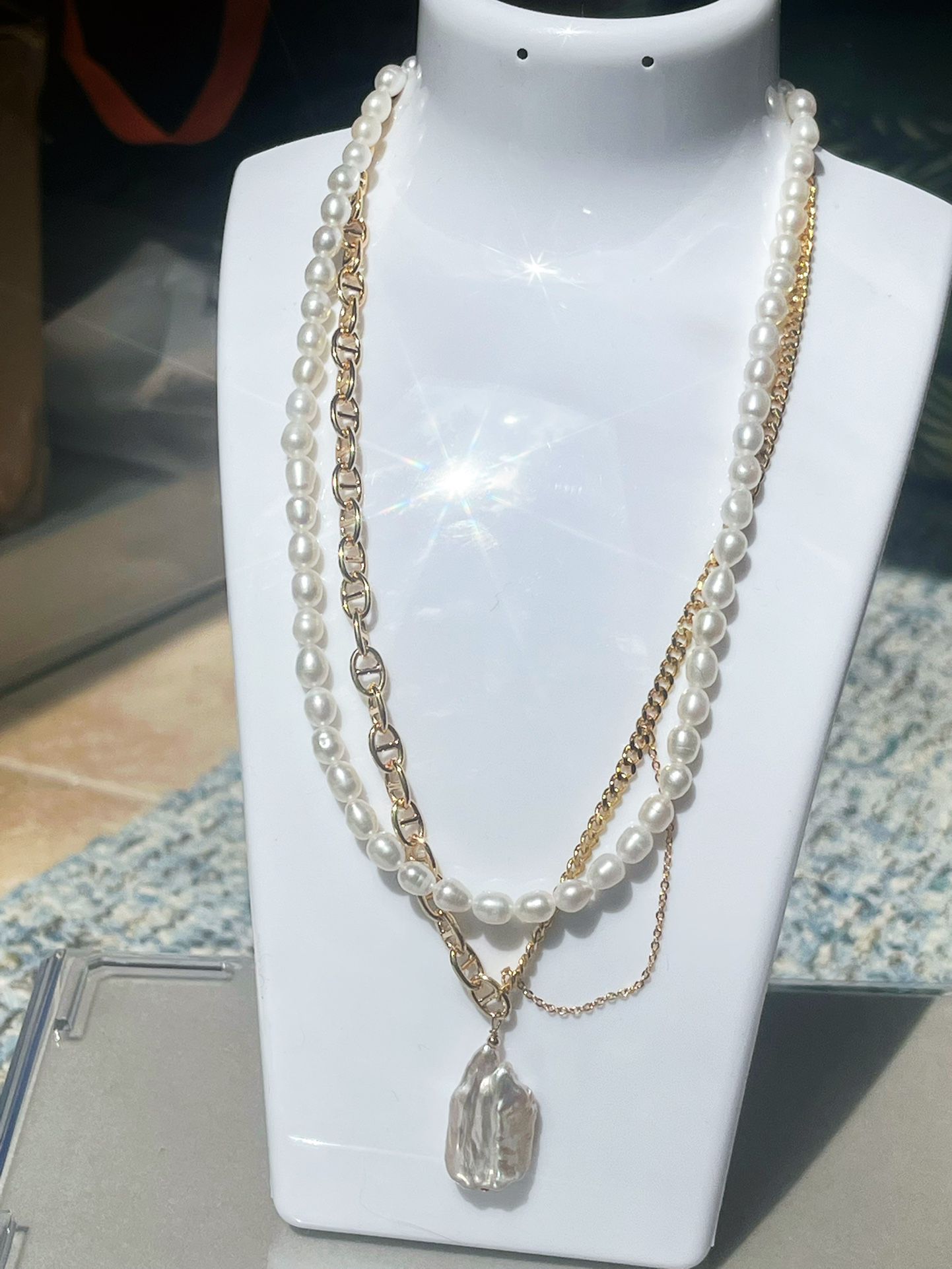 18k Gold FN Double Chain Stacked all nature Baroque Pearl Necklace,25mm Baroque