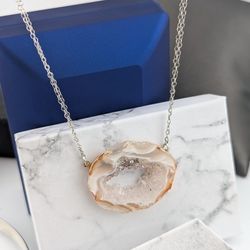 Natural Geode Slice Druzy 925 Sterling Silver Necklace