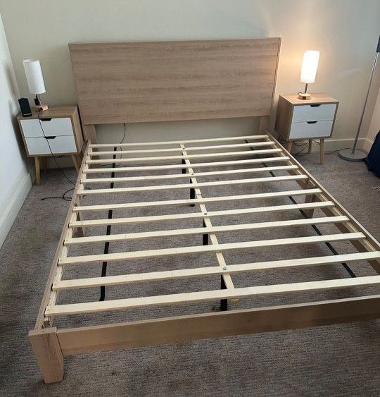 Queen Size Bed Frame Set Nightstands & Table Lamps- Mattress Optional