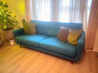 Living Spaces Teal Blue Mid-Century Sofa