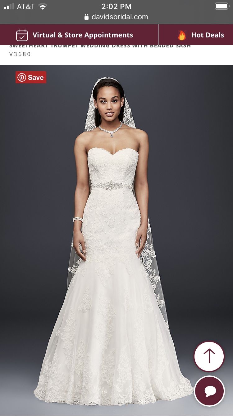 David’s bridal sweetheart trumpet wedding dress with beaded sash size 14