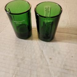 JAGERMEISTER Set of 2 JAGER GREEN GLASS SHOT GLASSES W/ EMBOSSED LOGO 