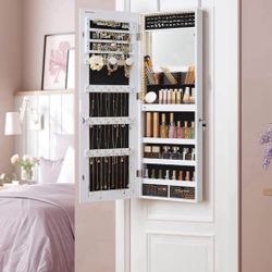 Mirror Jewelry Cabinet Armoire Organizer, Wall or Door Mount Storage Cabinet with Full-Length Frameless Lighted Mirror, Built-in Makeup Mi
