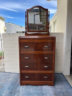 Vintage 1930s Art Deco waterfall highboy dresser with a matching removable mirror