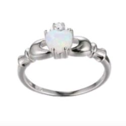 BRAND NEW LADIES STERLING SILVER WHITE FIRE OPAL HEART SHAPE RING SIZE 9 