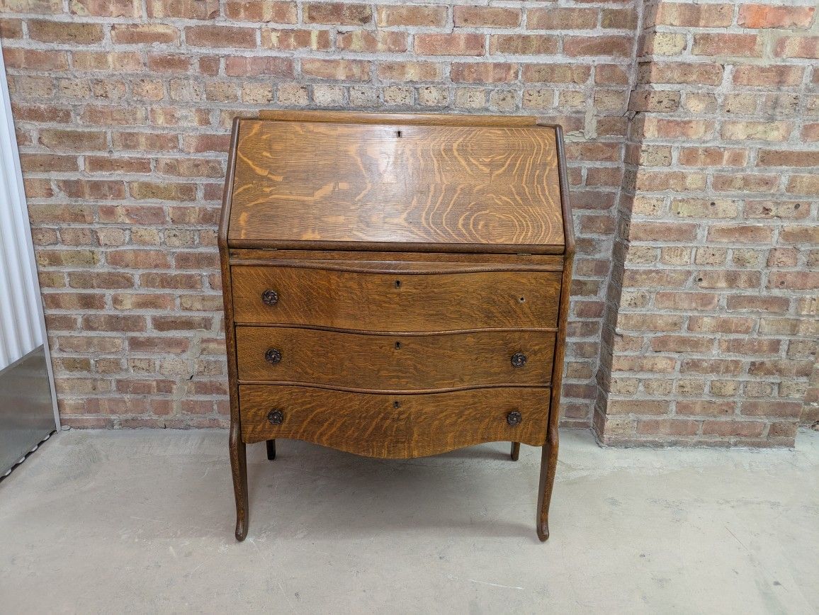 Antique Tiger Oak Tall Secretary Desk With Drawers