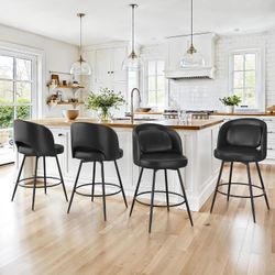 26''H Swivel Bar Stools Set of 4, Counter Height Bar Stools, Lumbar Pillow and Black Metal Frames, Faux Leather, Black