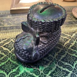 Vintage 1950s Leonard Silverplate Bootie Shaped Coin Bank. Mfgs Mark on Bottom. Made in Italy
