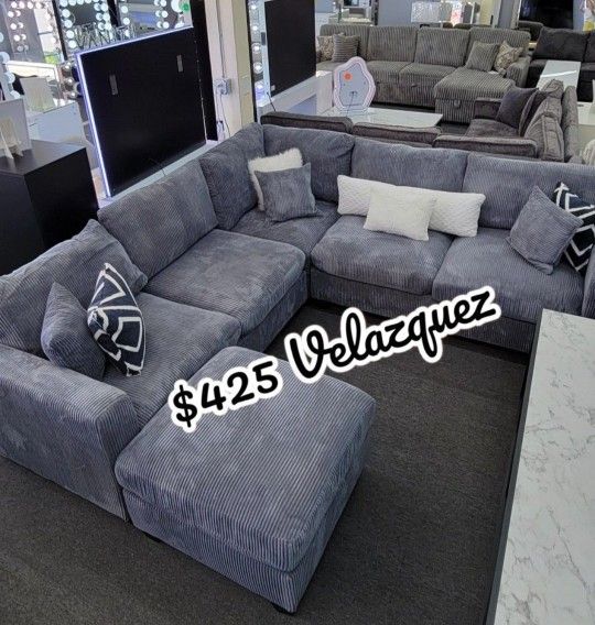 ✅️✅️ 4pc dark Grey corduroy fabric sectional sofa with rounded arms and ottoman ✅️✅️