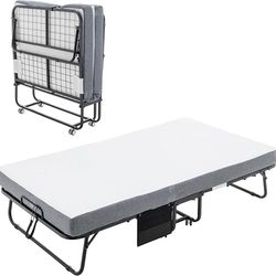 Folding Bed Cot with Memory Foam Mattress, 75x38 Inches Metal Frame with Wheels, Space-Saving Rollaway Bed, Black
