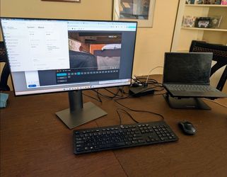 Dell Inspiron 5310 laptop notebook+desktop setup: monitor, riser stand, docking station, keyboard, mouse
