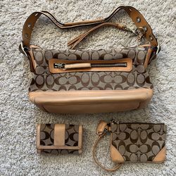 Vintage COACH Signature Canvas Leather Handbag H055-9363 w/ Wallet & Coin Purse 