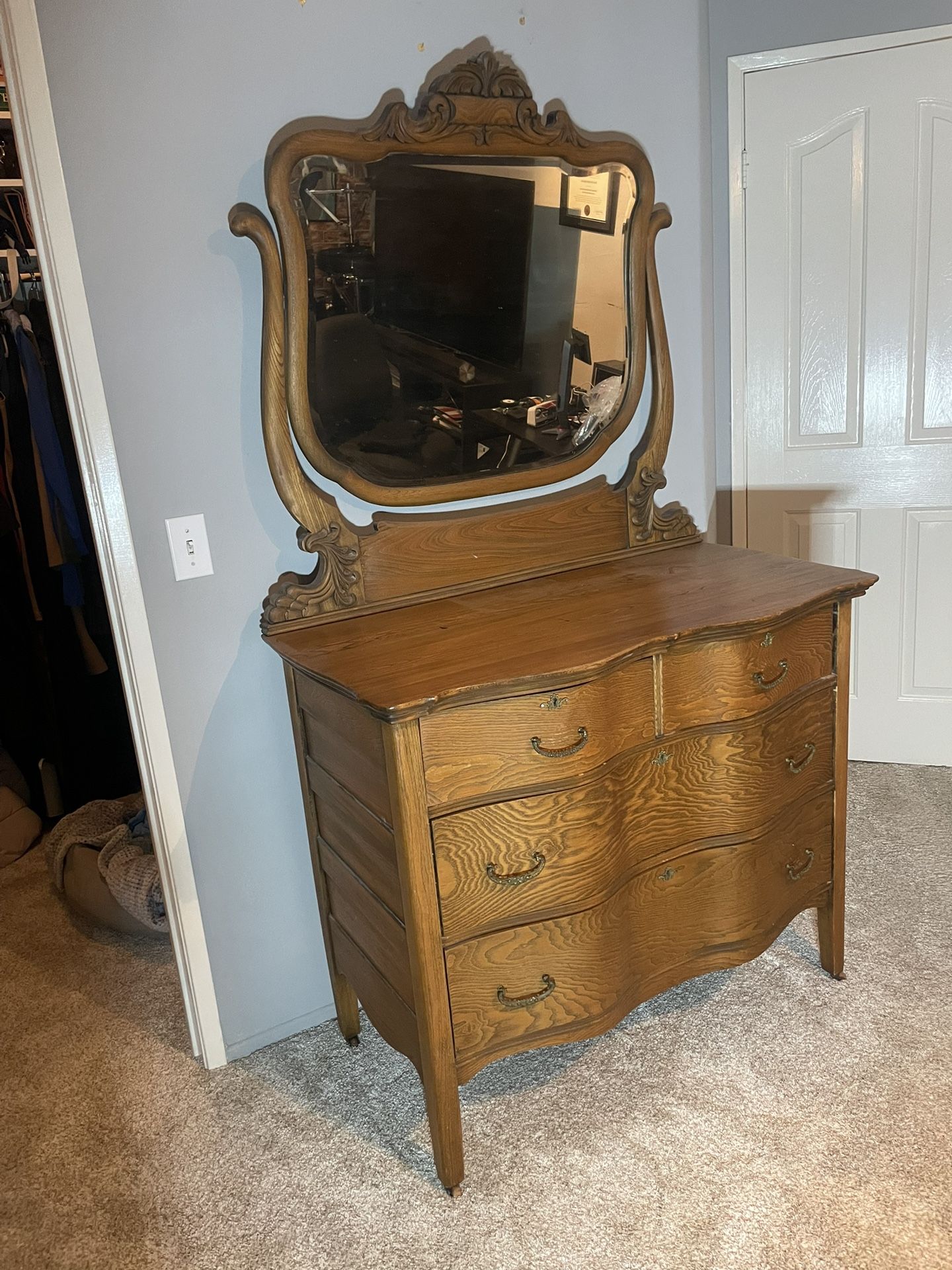 Antique Tiger Oak Serpentine Dresser w/ Mirror
