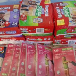 Huggies Slip-ons, diapers and pull up training pants. Size 4 and 3T-4T