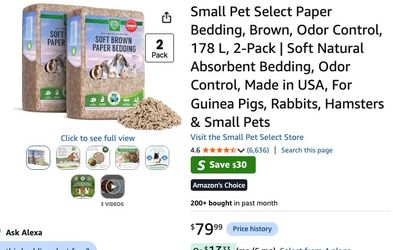 Small Pet Paper Bedding, Brown, Odor Control, 178 L x 2-Pack