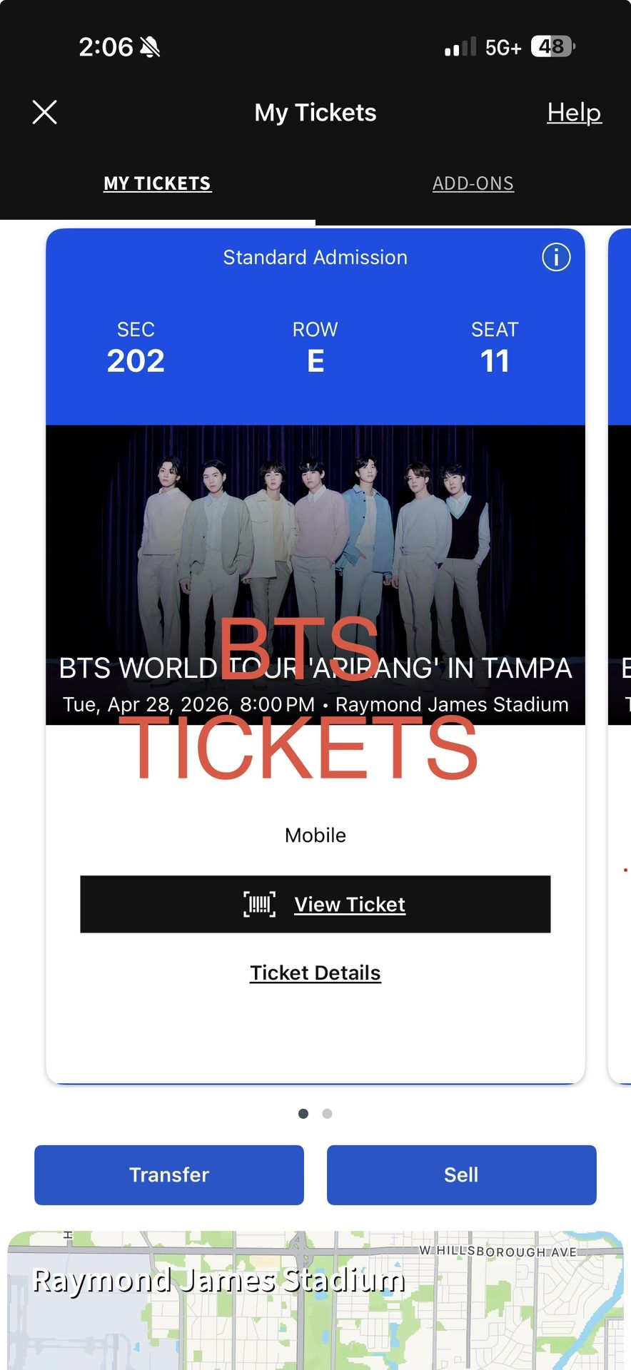 BTS Tickets World Tour Arirang Tampa Two Tickets