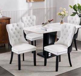 Modern, High-end Tufted Solid Wood Contemporary PU and Velvet Upholstered Dining Chair with Wood Legs Nailhead Trim 4 Pcs Set,White+Black