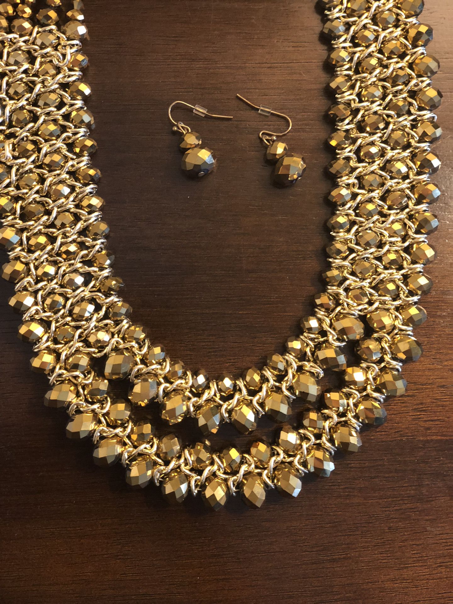 Golden Beads Necklace And Earring Jewelry Set NWOT