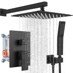 Matte black rain shower system with 10-inch high-pressure shower head, hand-held square shower head, luxury rain mixer, wall-mounted complete set.