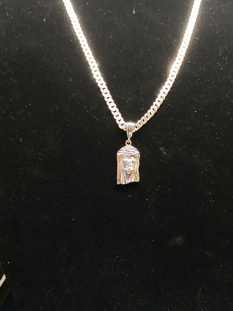925 Silver Diamond Cut Curb With Jesus Face Pendant