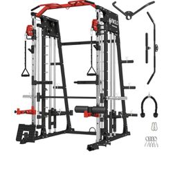 Smith Machine, 2200lbs Squat Rack with LAT-Pull Down System & Cable Crossover Machine, Training Equipment with Leg Hold-Down Attachment