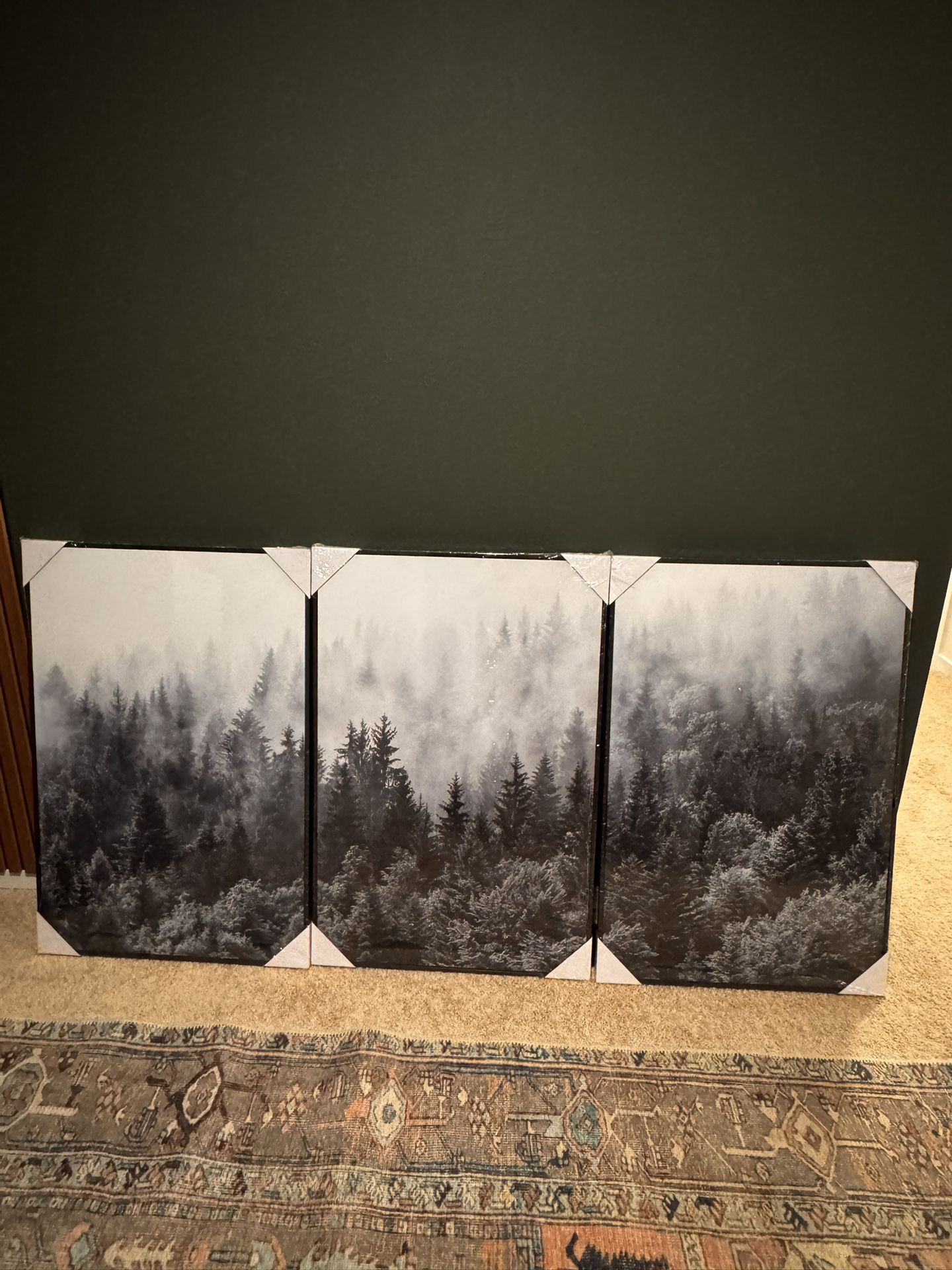 Framed Canvas Print Wall Art Set Black & White Misty Mountain Forest ...