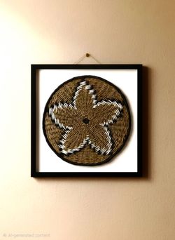 Framed decorative woven basket plate star design brown, white, and black colors. 21.5"×21.5"