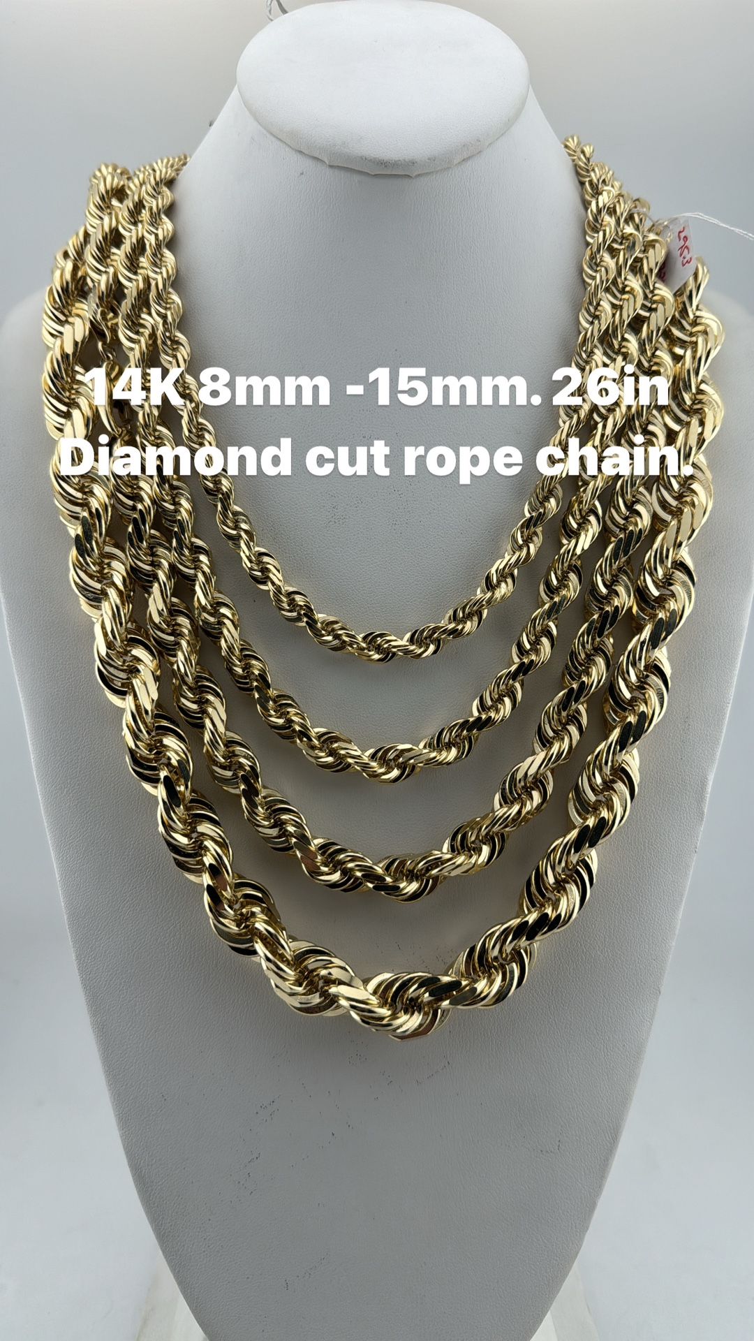 14K yellow gold 8mm-15mm 26in diamond cut rope chain. Re-stock