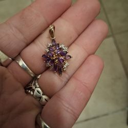 Amethyst And Diamond Gold Plated Sterling Cluster Pendant.