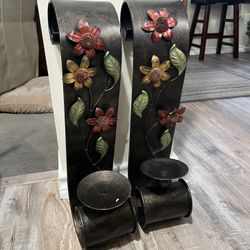 2 Bronze Wrought Iron Scroll Wall Sconce Candle Holders 