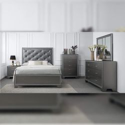 Queen $599 4pc Includes bedframe Dresser mirror nightstand Grey Bedroom Set