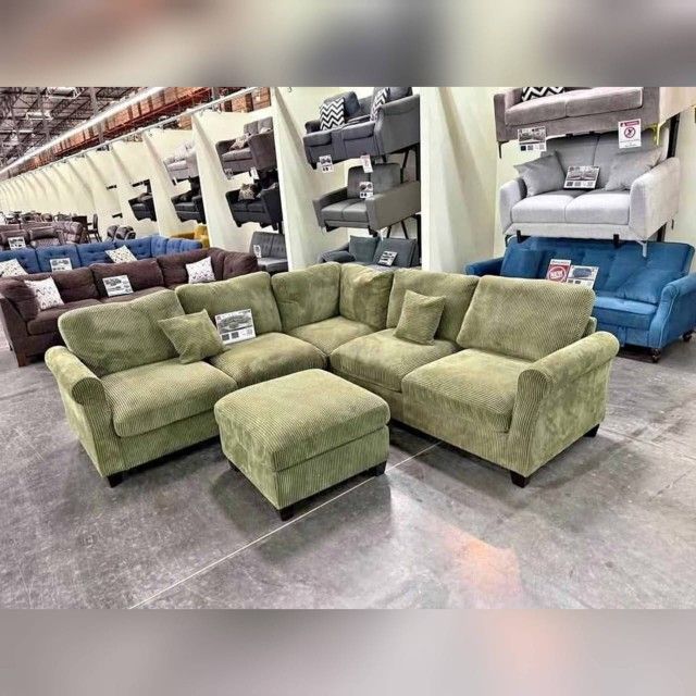 Corduroy sectional sofas with ottoman Green Gray Beige colors