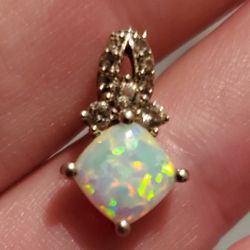 Sterling Silver Opal Pendant With Lab Created Sapphires
