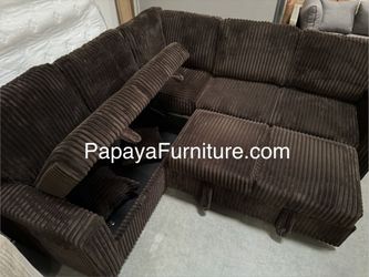 New! Dark Brown Sectional Chocolate Storage Pullout Sleeper Bed Couch Set Under Seat Living Room Space Furniture Fabric USB Charging Port Pull Sofabed