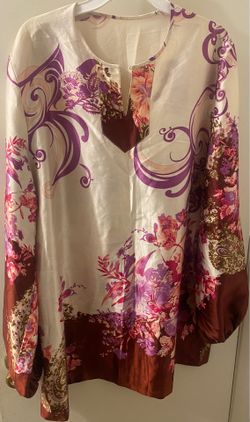 Silky Floral Tunic Top in Cream, Purple & Brown