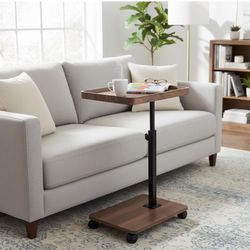 C Shaped End Table Adjustable Height, 360°Swivel TV Tray Table, Walnut Brown Movable Side Table with Sliding Wheels for Living Room, Bedroom, Couch, B
