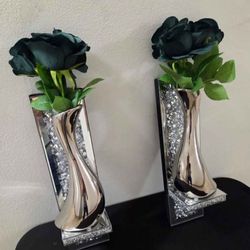 *** NEW LOW PRICE *** PAIR of Mirrored Wall Units w Silver Swans / Faux Long Stem Green Roses @ Lasting Creations