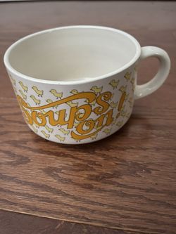 Vintage 70s Soups On Chicken Noodle Mug Ceramic Bowl Handle Japan Kitsch Yellow