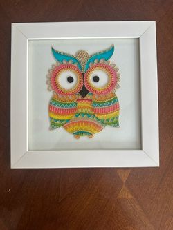 Colorful Framed Stained Glass Owl Painting Features Bright and Glossy Hues