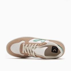 [NEW] Veja V10 White Sneakers with Green 'V' and Beige Suede Accents