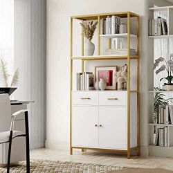 71" Tall Bookshelf, Modern White and Gold Bookcase, Book Shelves with Drawers and Storage Cabinet, Metal Etagere Bookcase Display Shelves for Home Off