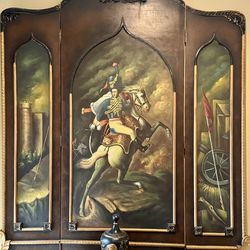 Vintage Antique Hand-Painted, Napoleonic Soldier, Writing Stallion Triptych, Wood Panel Hand, Painted Wall, Art Hanging Decor
