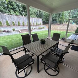 Patio Dining Set for 6 w/Wood-Grain Metal Table & Swivel Chairs
