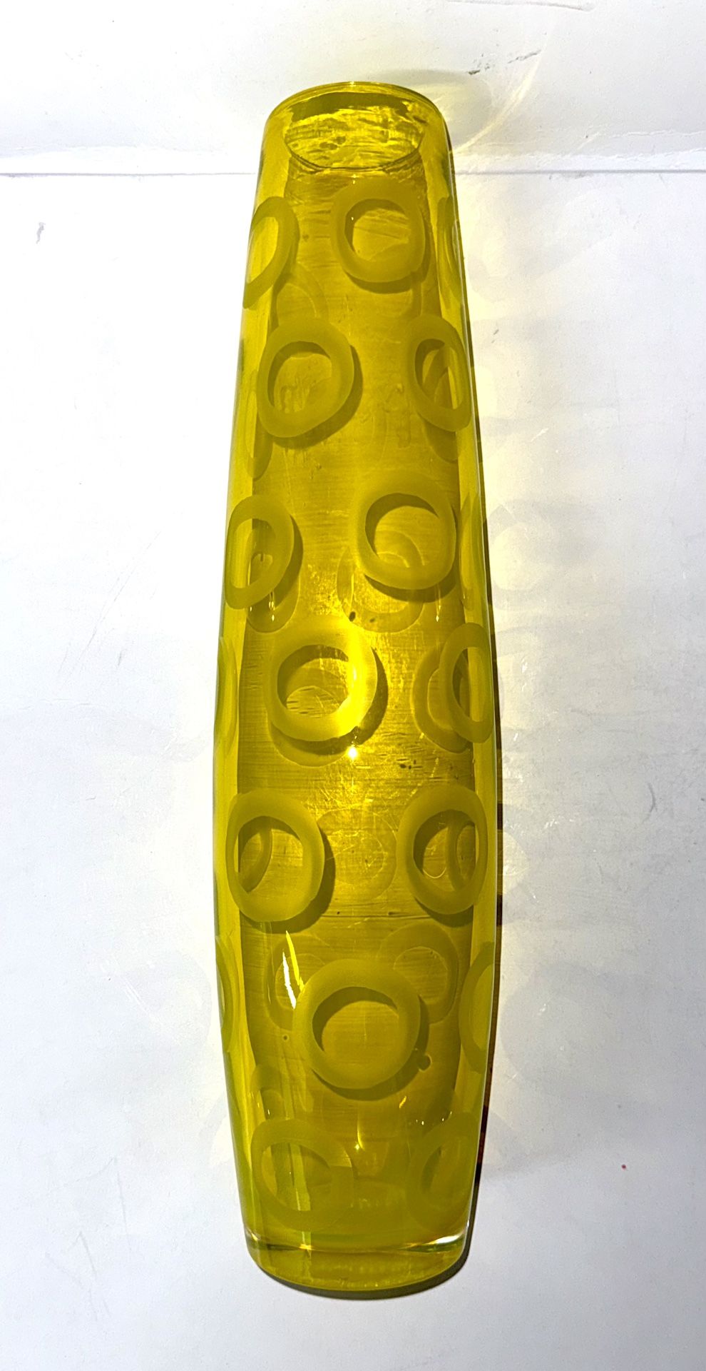 MCM Yellow Glass Vase with Etched Circles, 17” Tall