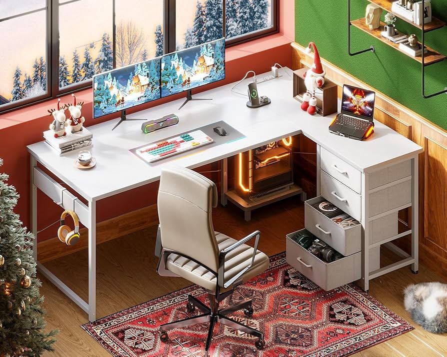 AODK L Shaped Desk with 4 Tier Drawers, 61" Reversible Gaming Desk with Power Outlets, L Shaped Computer Desk with USB Charging Port and Host Stand, H