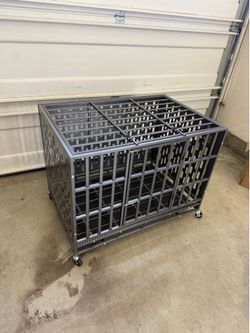 38 inch Heavy Duty Indestructible and Escape-Proof Dog Crate Cage Kennel for Large Dogs, High Anxiety Dog Crate with Removable Wire Trays and Wheels,